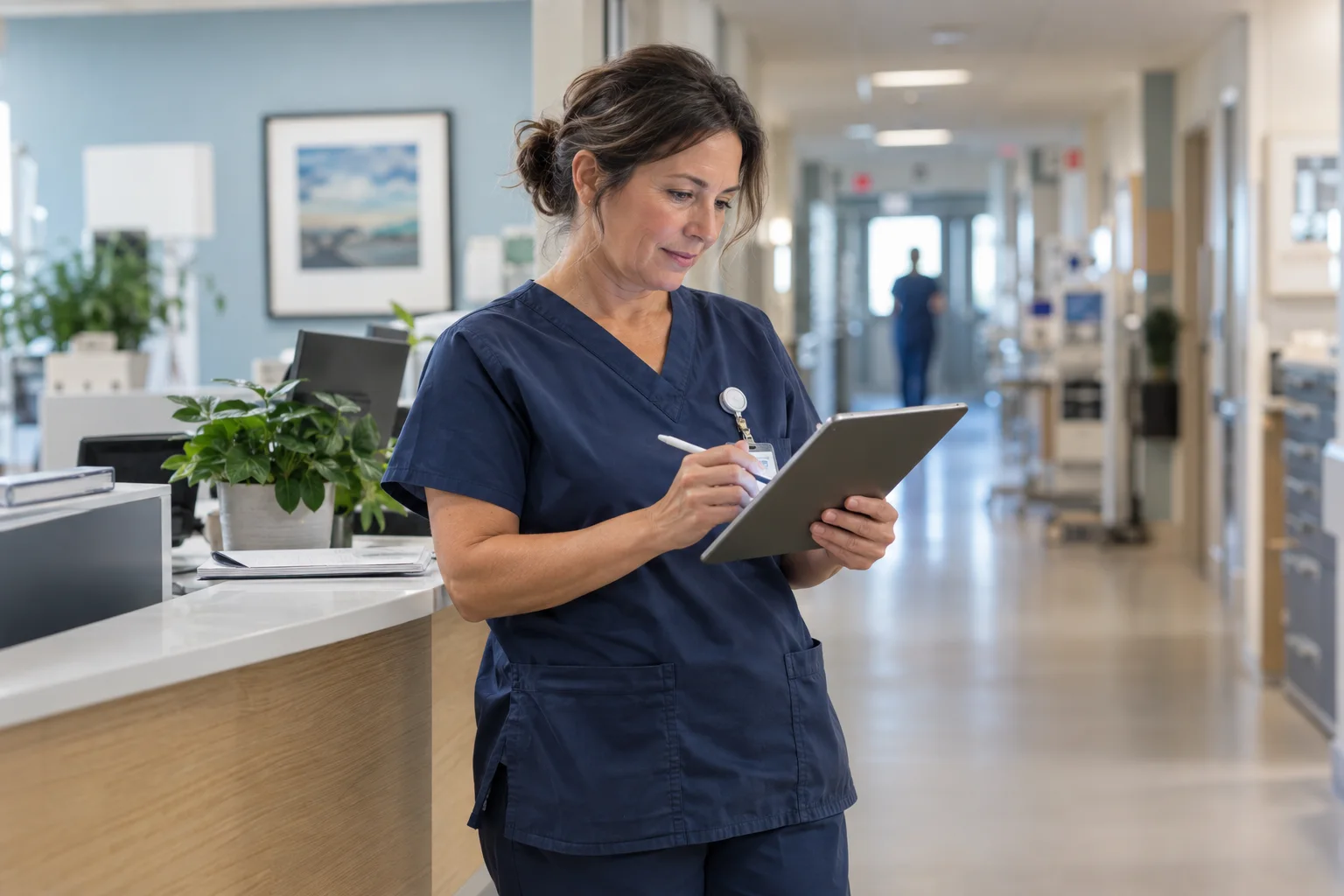 A nurse recording follow-up notes on a tablet at a clinical workstation