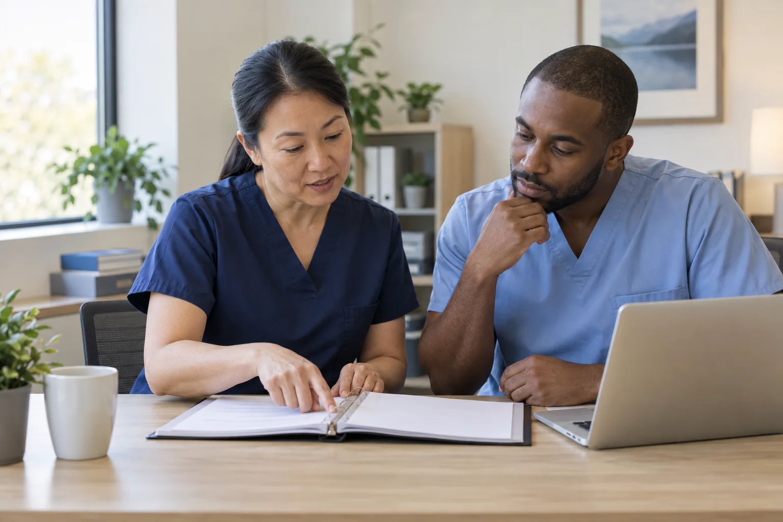 Two healthcare colleagues reviewing a policy binder and laptop in a bright office